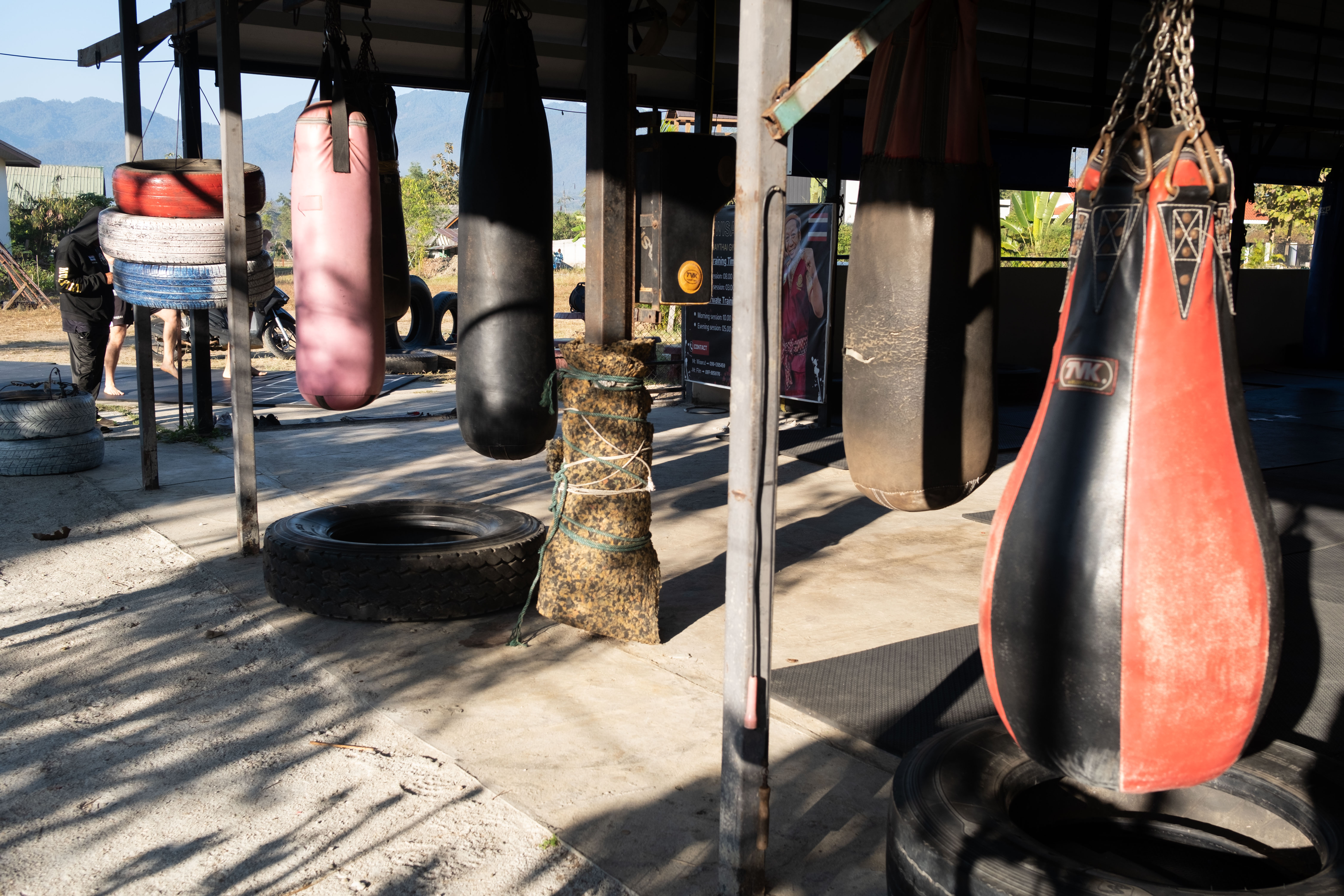 Muay Thai bag training - Heavy bag workout at authentic Thai boxing gym in Pai, Thailand